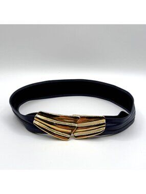 Vintage 1988 Leather Shop Navy Leather Belt w/ Gold Tone Hook Closure Buckle